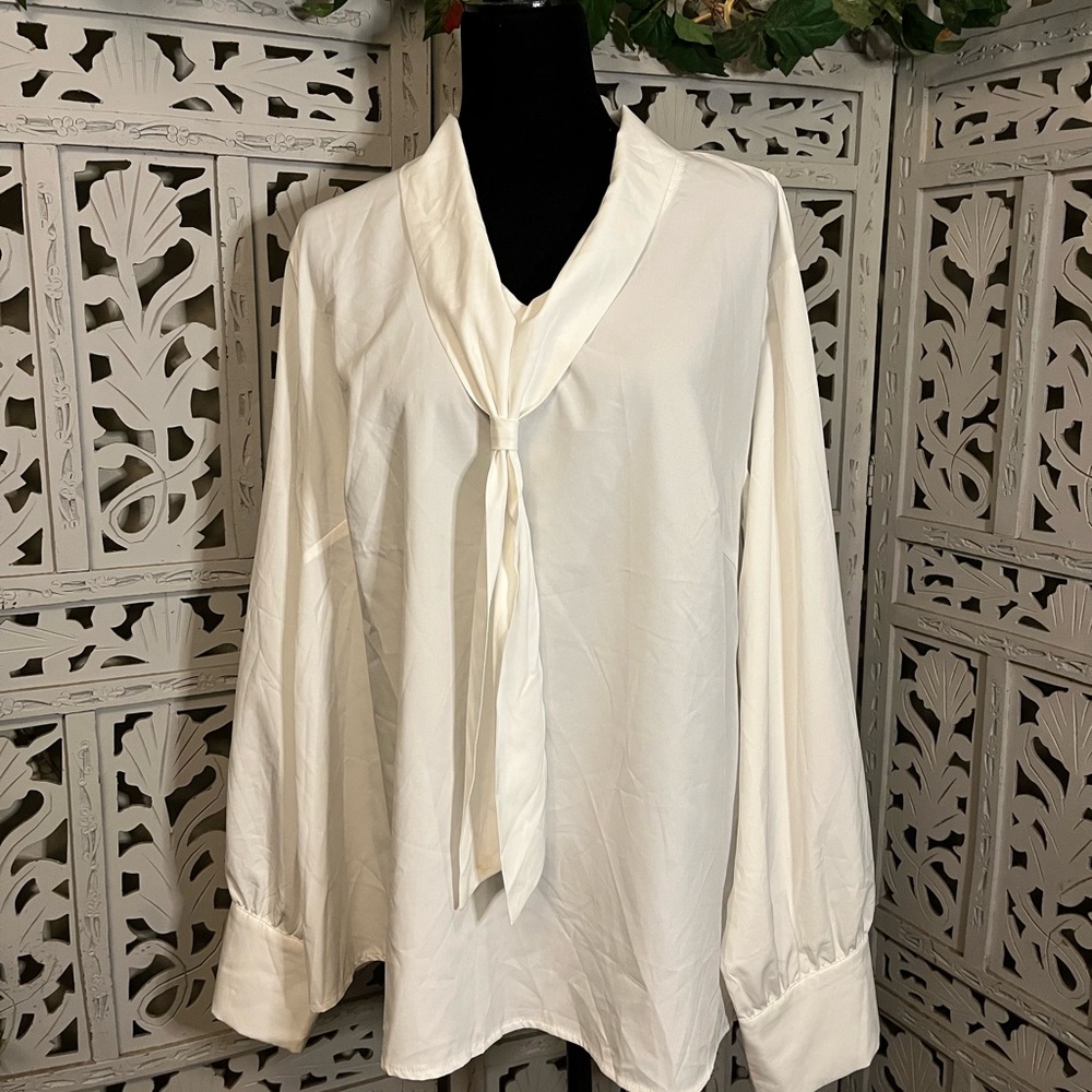 SHEIN COUTURE TRUE WHITE WITH COLLAR & ADJUSTABLE TIE LONG SLEEVES PLUS TOP